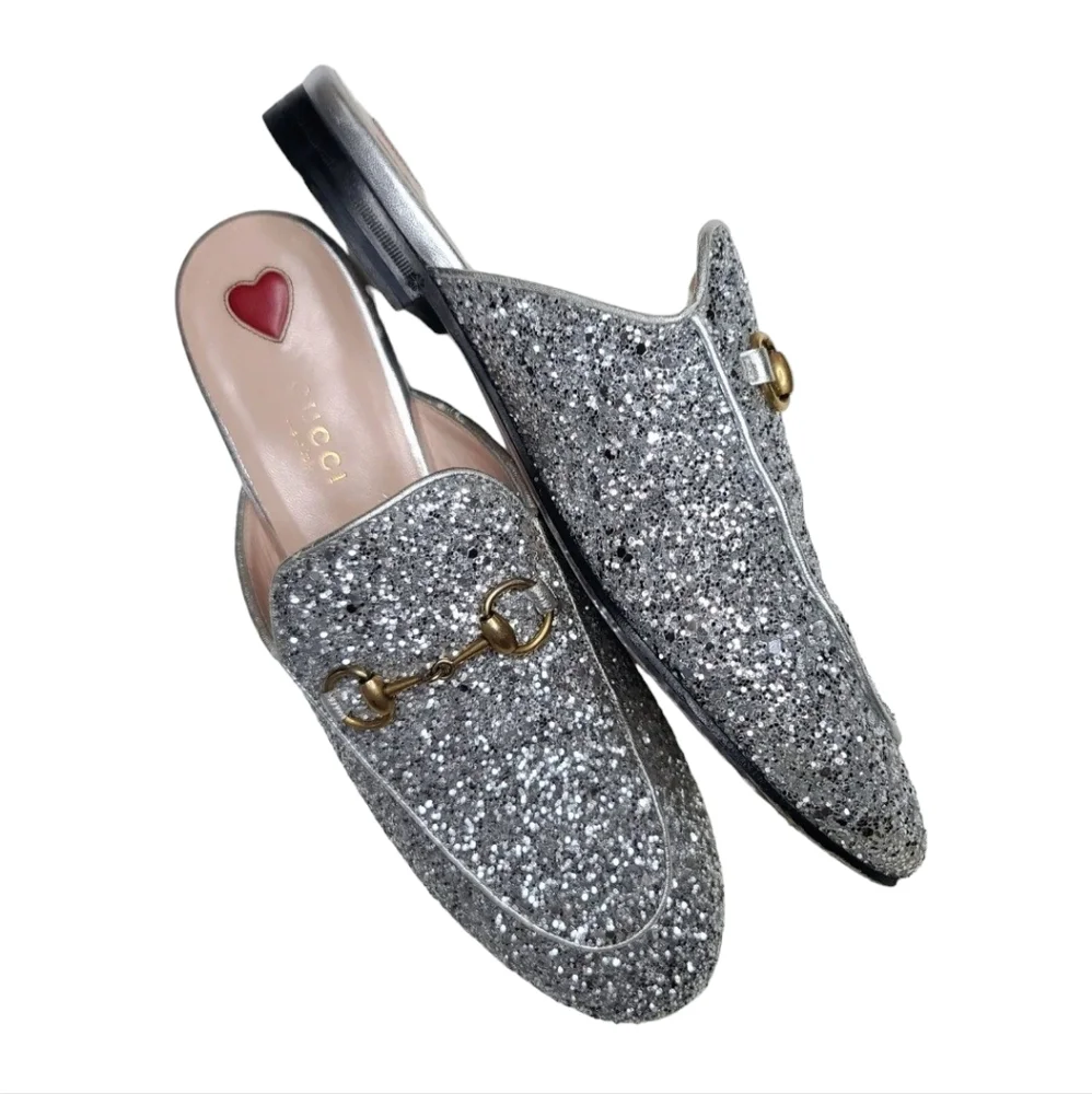 Gucci Princetown Size 37.5 US 7.5 Leather Mule Silver Glitter Slipper - Picture 4 of 9